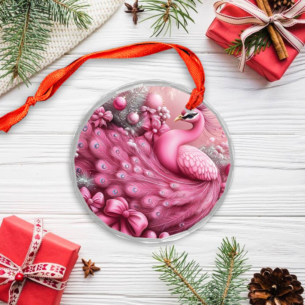 Peacock Pink Christmas Design 3 Glass Ornament