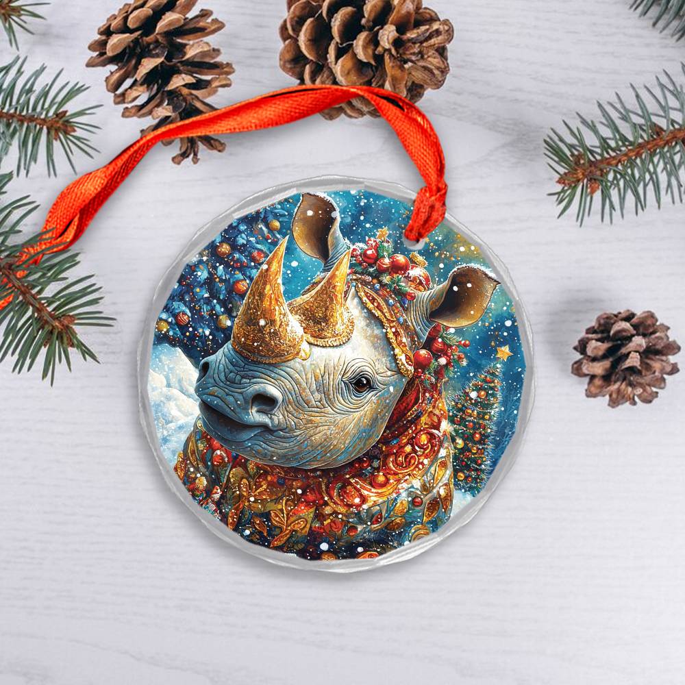 Beautiful Rhino Christmas Night Design 3 Glass Ornament