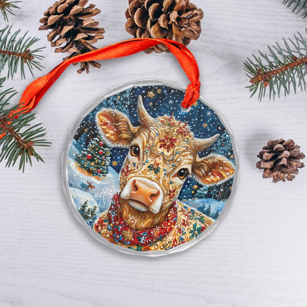 Beautiful Jersey Cow Christmas Night Design 1 Glass Ornament