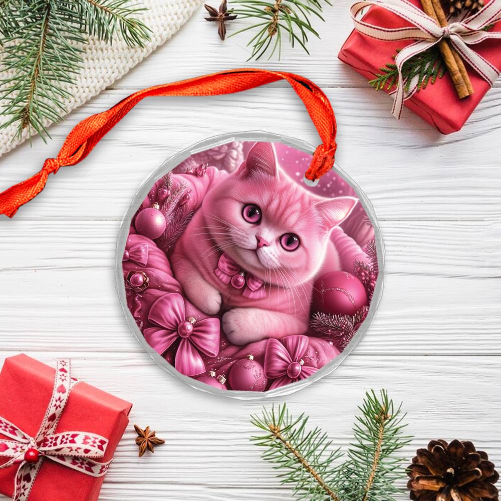British Shorthair Cat Pink Christmas Design 1 Glass Ornament
