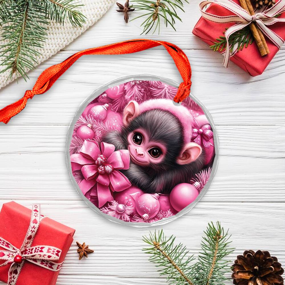 Monkey Pink Christmas Design 3 Glass Ornament