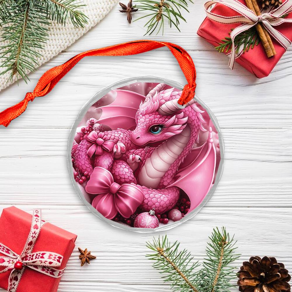 Dragon Pink Christmas Design 1 Glass Ornament