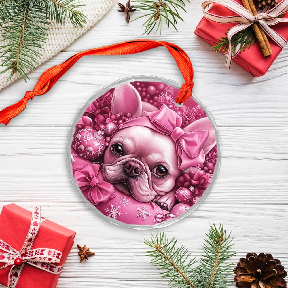 French Bulldog Pink Christmas Design 4 Glass Ornament
