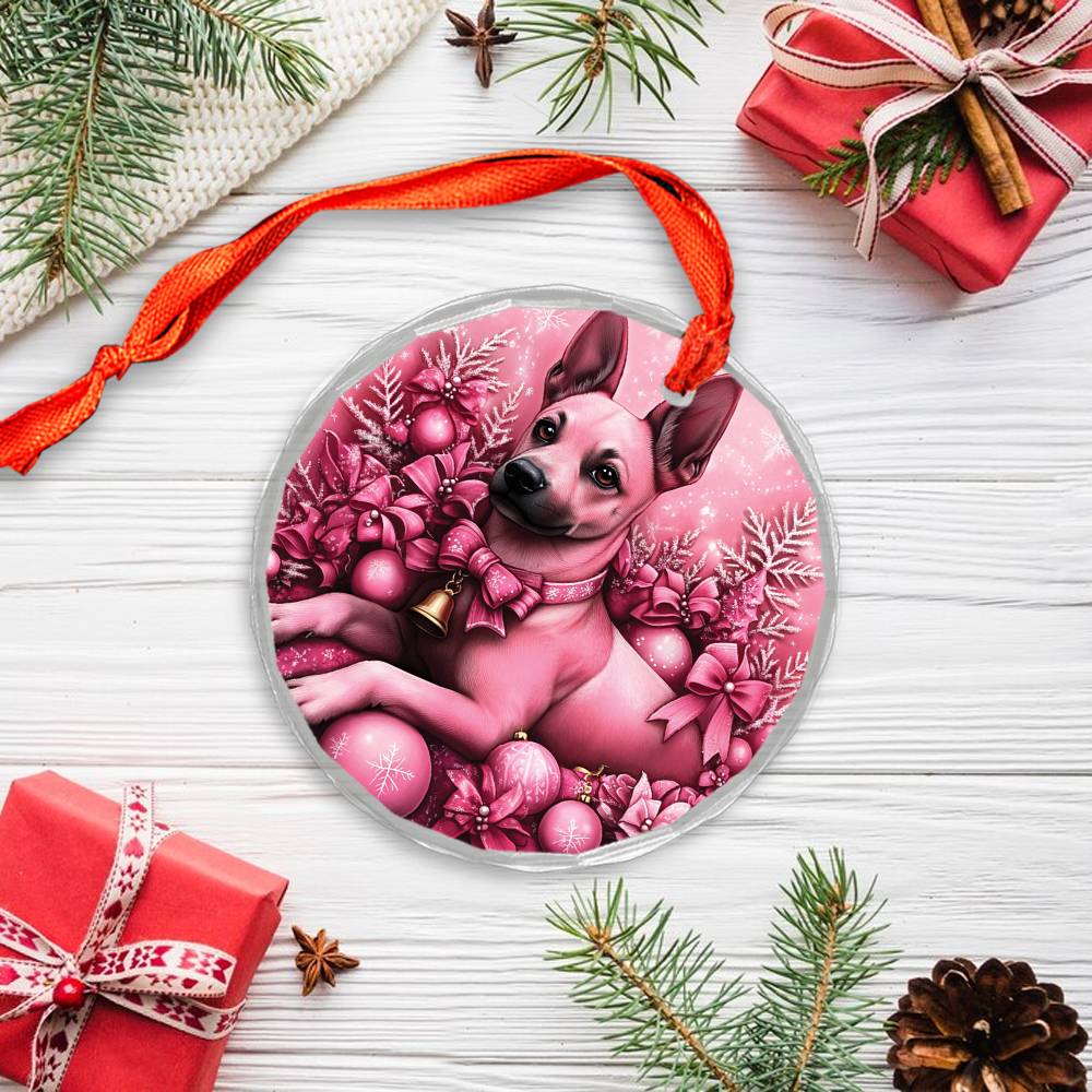 Belgian Malinoi Dog Pink Christmas Design 3 Glass Ornament