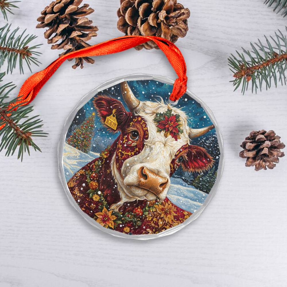 Beautiful Hereford Cow Christmas Night Design 1 Glass Ornament