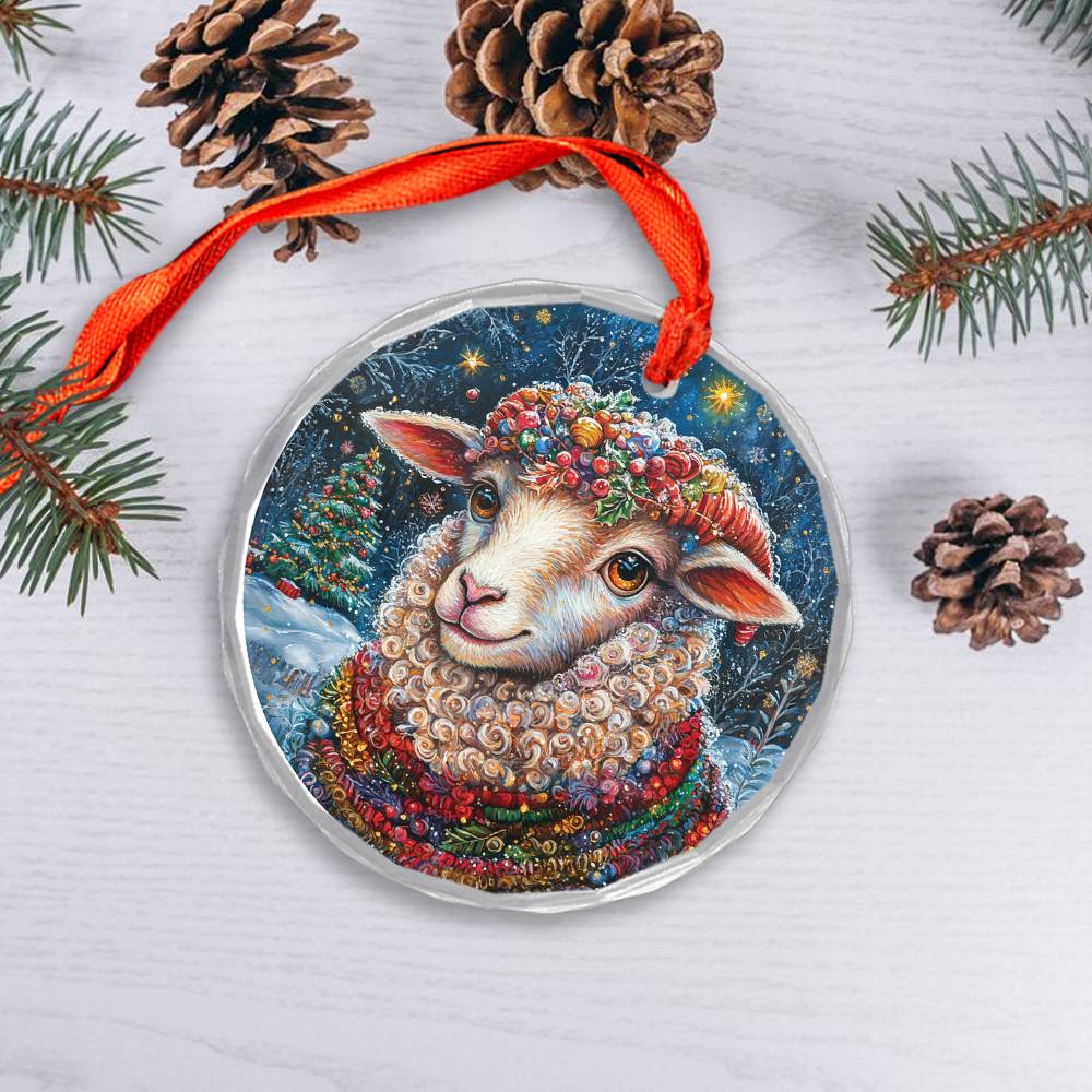 Beautiful Sheep Christmas Night Design 3 Glass Ornament