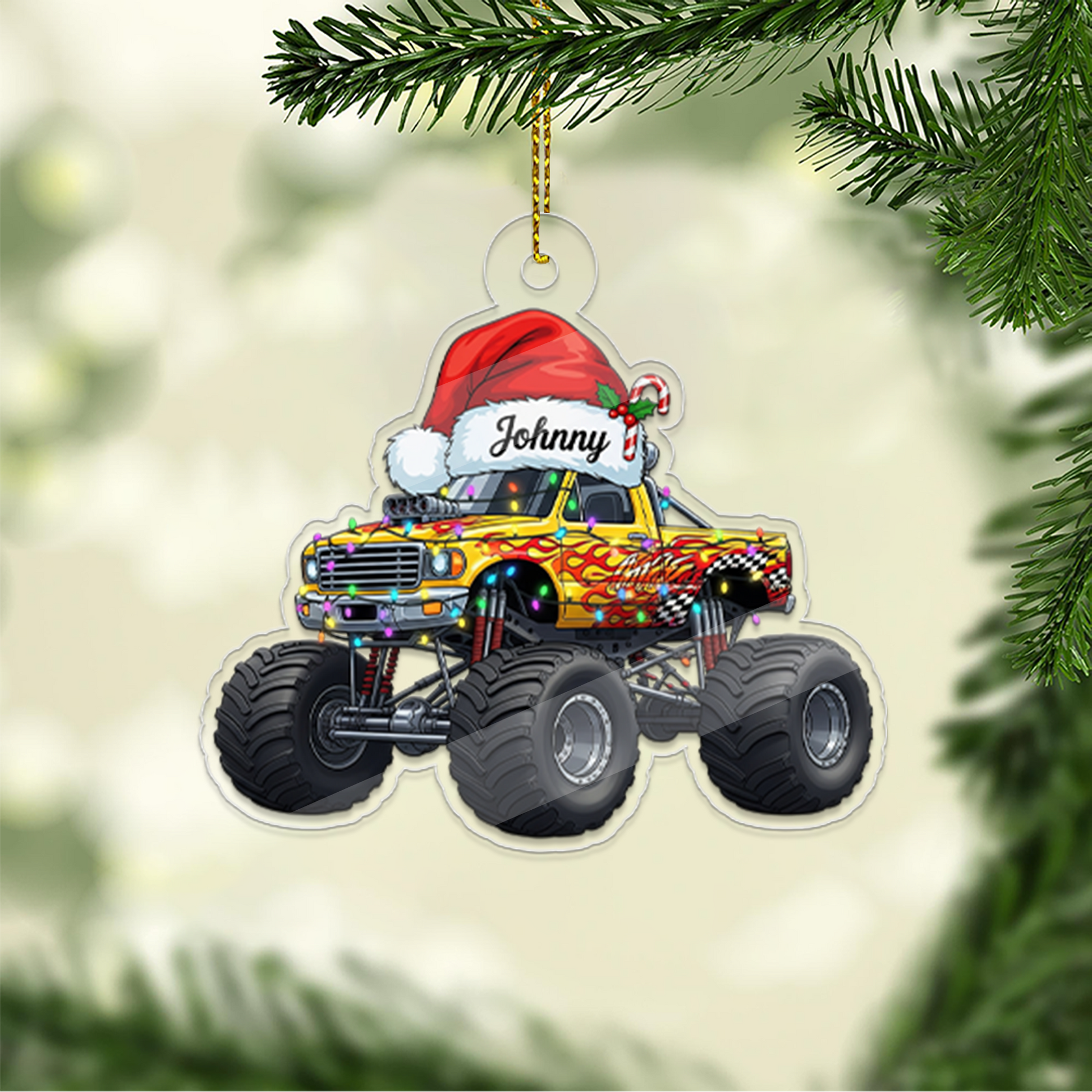 Custom Name Monster Truck With Led Light Acrylic Ornament Christmas Gift
