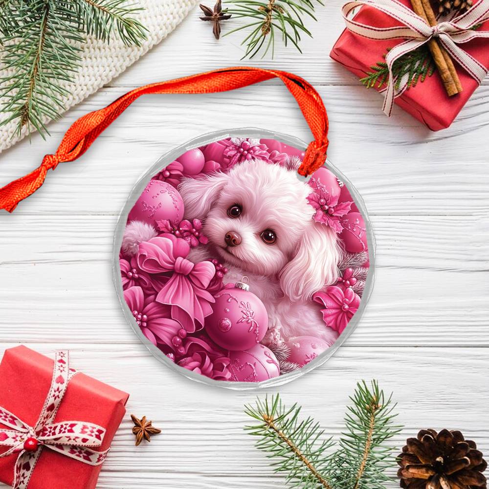 Bichon Frise Dog Pink Christmas Design 1 Glass Ornament