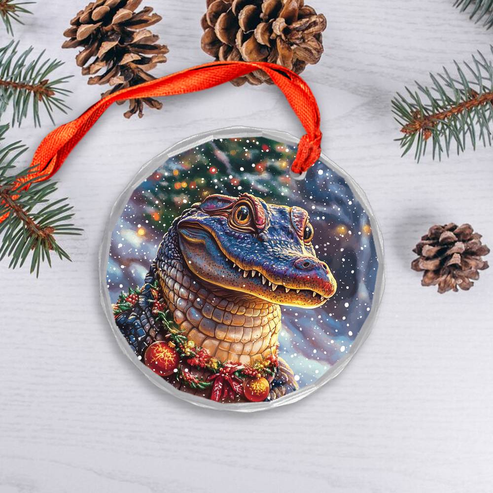 Beautiful Angus Alligator Christmas Night Design 1 Glass Ornament