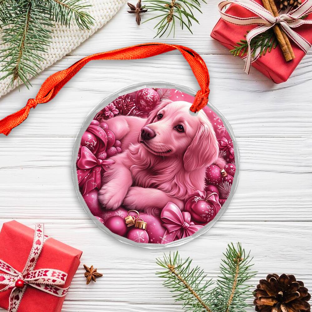 Golden Retriever Dog Pink Christmas Design 1 Glass Ornament