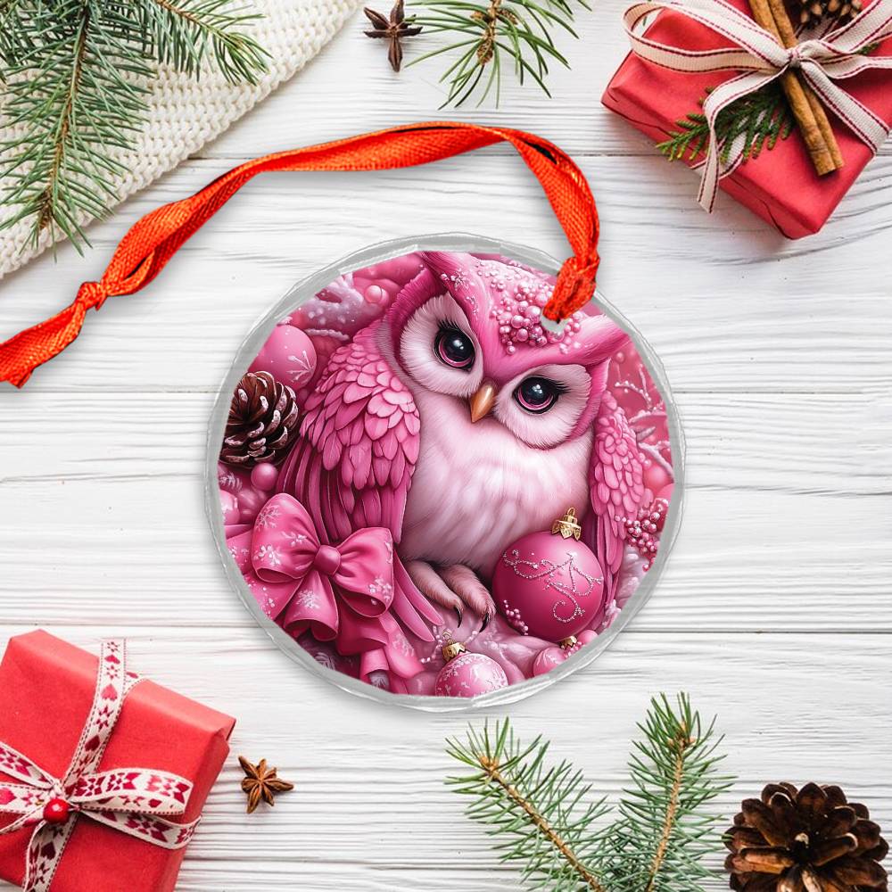 Owl Pink Christmas Design 3 Glass Ornament