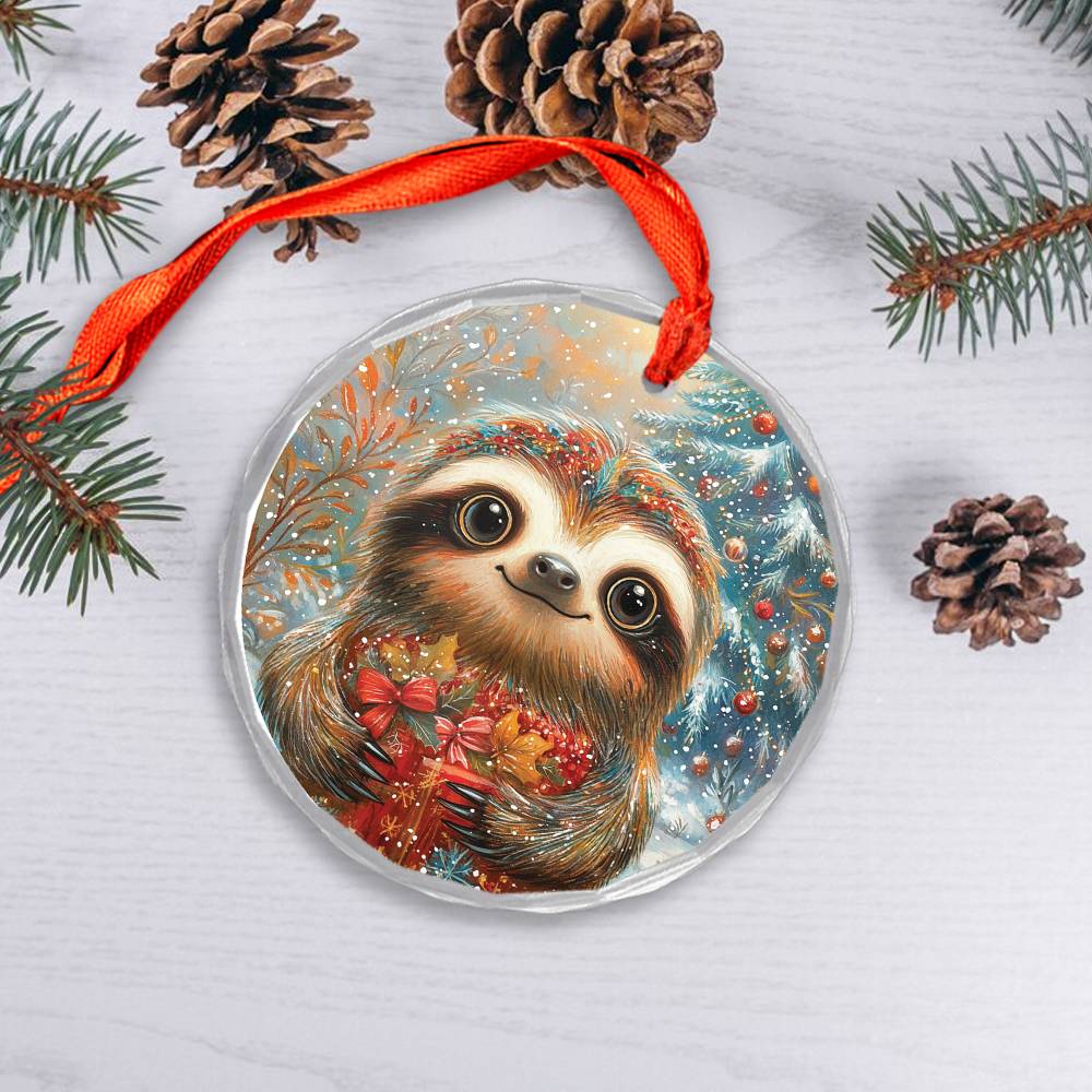 Beautiful Angus Sloth Christmas Night Design 4 Glass Ornament