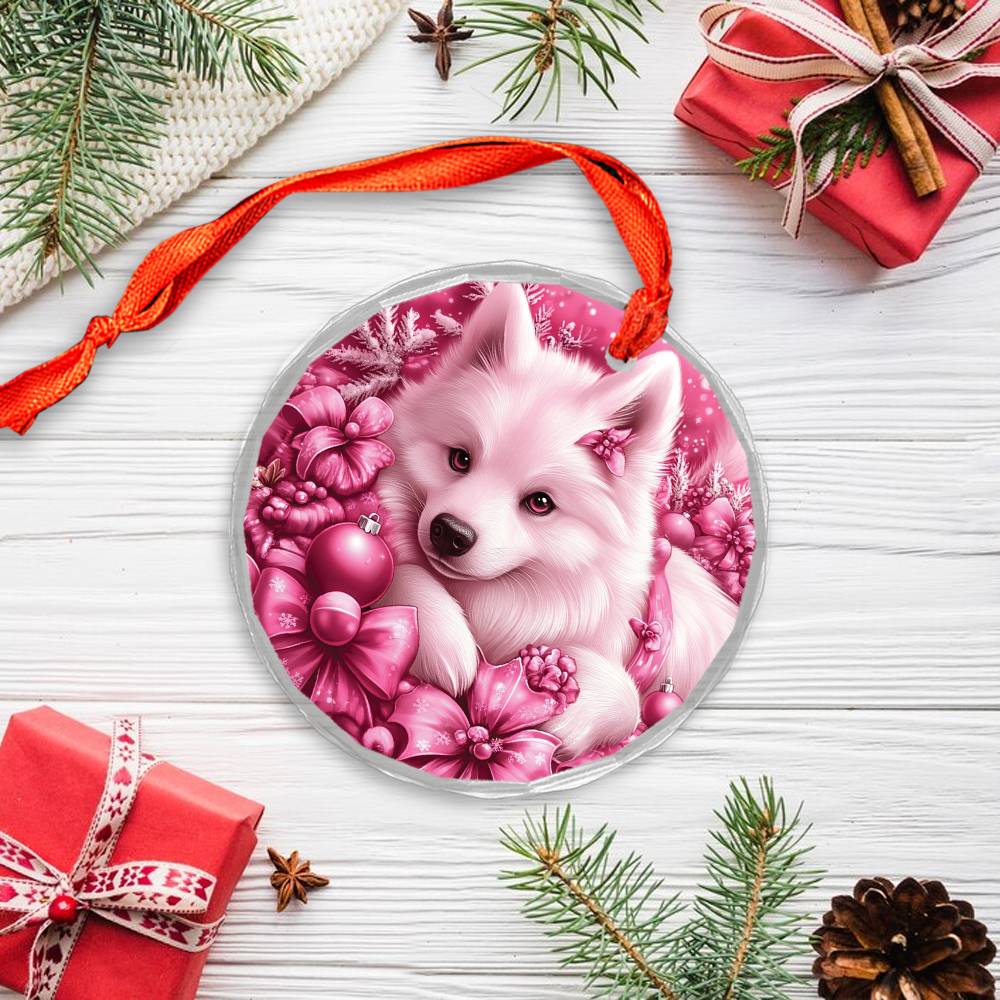 Samoyed Dog Pink Christmas Design 3 Glass Ornament