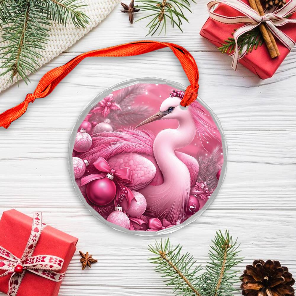 Heron Pink Christmas Design 4 Glass Ornament