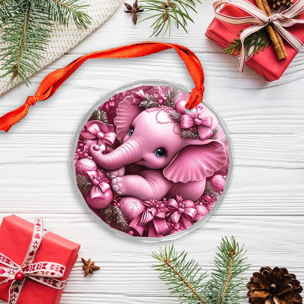 Elephant Pink Christmas Design 2 Glass Ornament