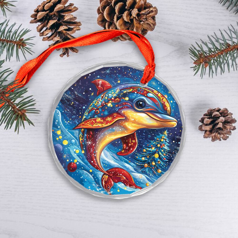 Beautiful Angus Dolphin Christmas Night Design 1 Glass Ornament