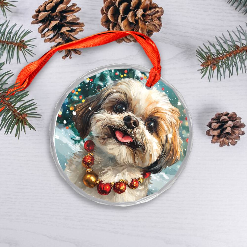 Beautiful Angus Shih Tzu Dog Christmas Night Design 4 Glass Ornament