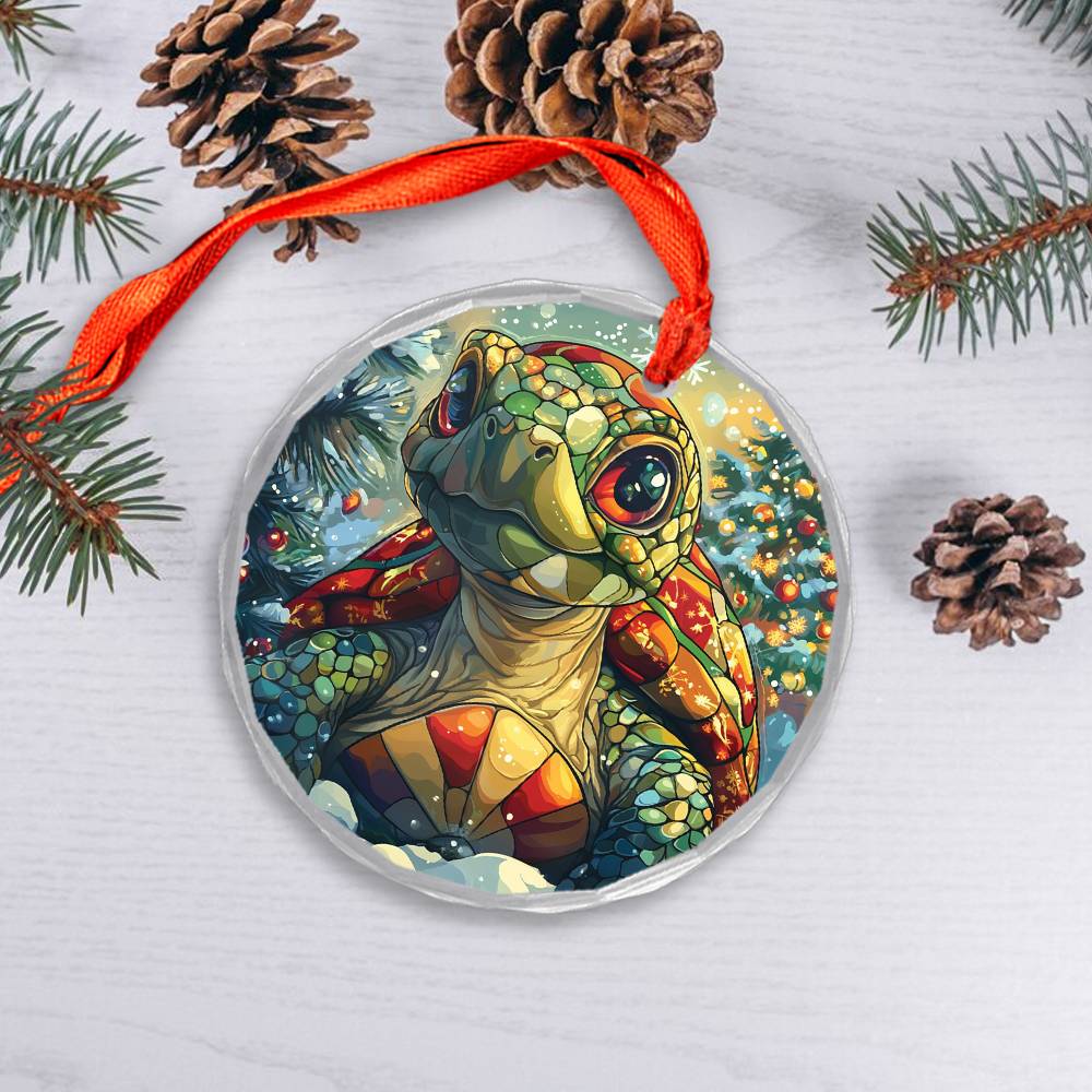 Beautiful Tortoise Christmas Night Design 4 Glass Ornament