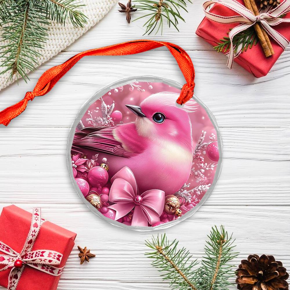 Songbird Pink Christmas Design 2 Glass Ornament