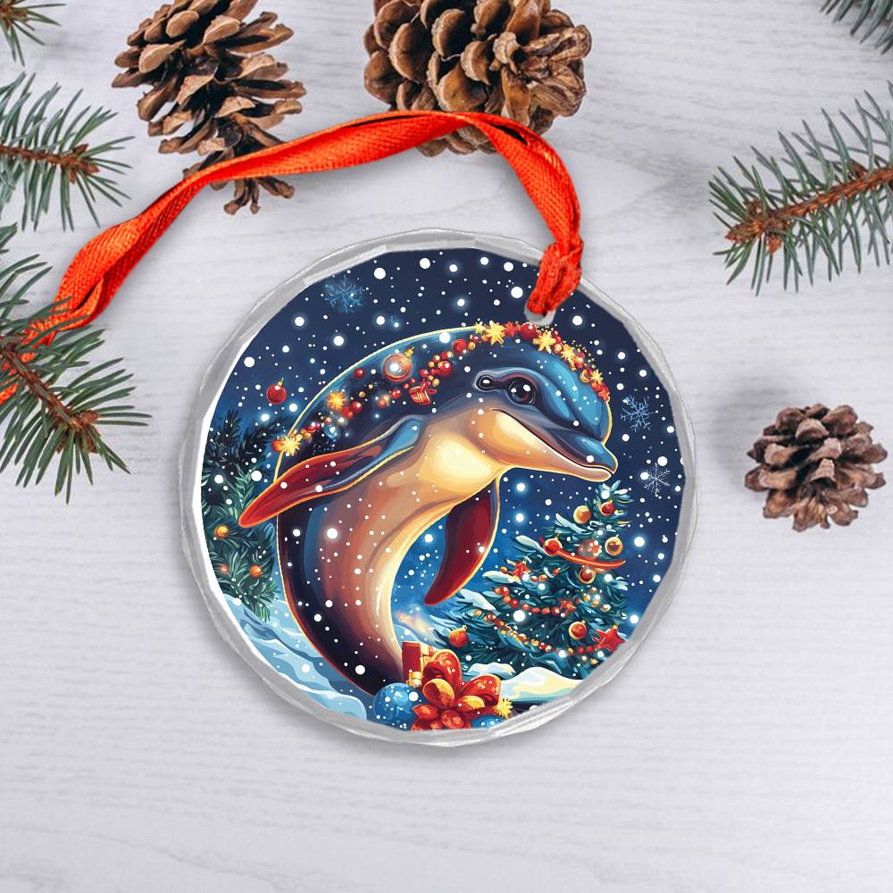 Beautiful Angus Dolphin Christmas Night Design 3 Glass Ornament