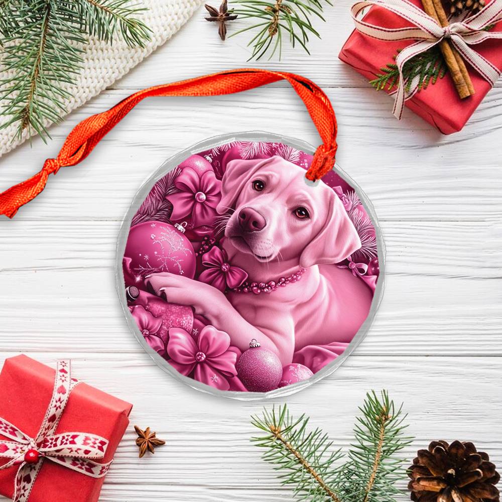 Labrador Retriever Dog Pink Christmas Design 2 Glass Ornament