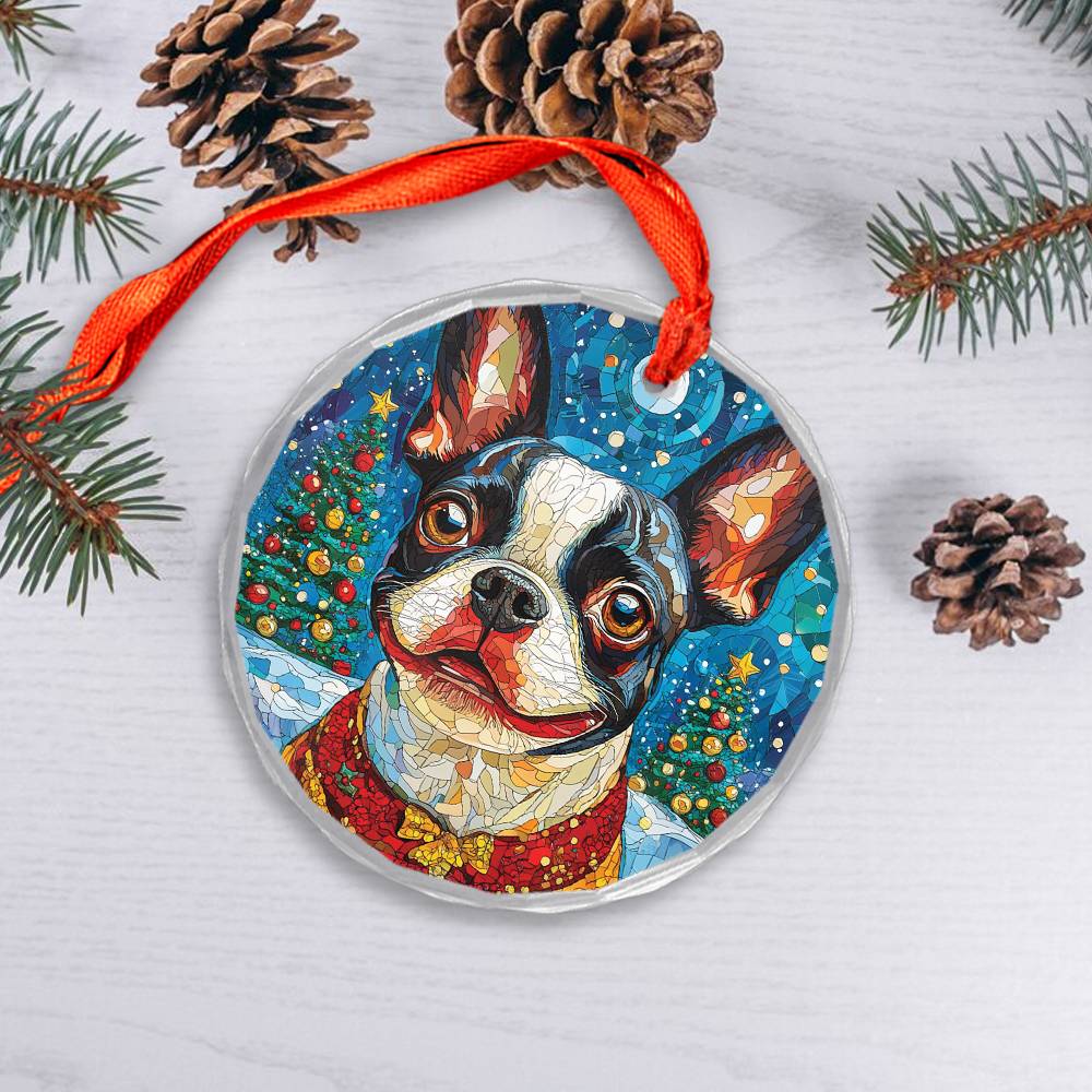 Beautiful Boston Terrier Dog Christmas Night Design 1 Glass Ornament