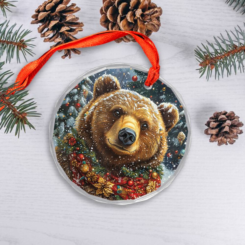 Beautiful Angus Grizzly Bear Christmas Night Design 1 Glass Ornament
