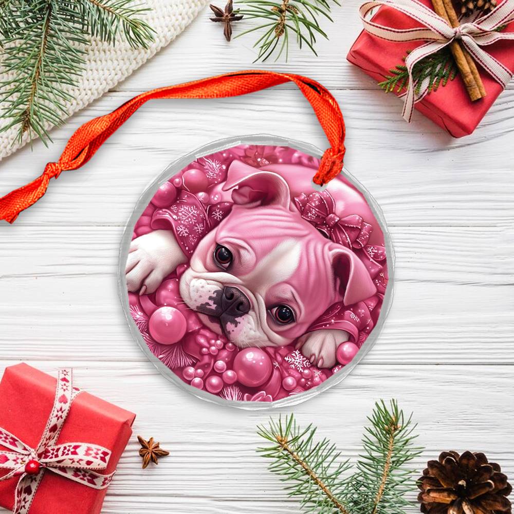 Bulldog Pink Christmas Design 2 Glass Ornament