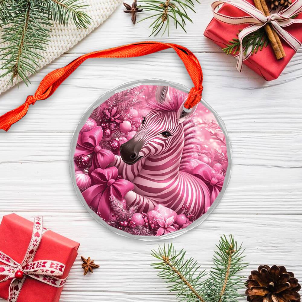 Zebra Pink Christmas Design 4 Glass Ornament