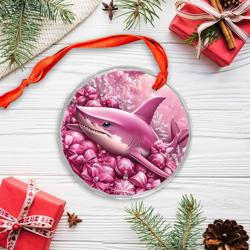 Shark Pink Christmas Design 1 Glass Ornament