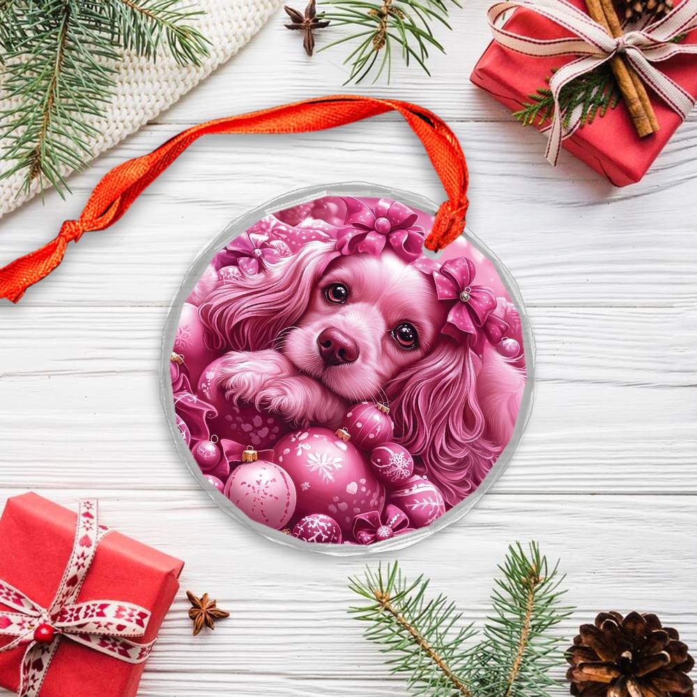 Cocker Spaniel Dog Pink Christmas Design 1 Glass Ornament