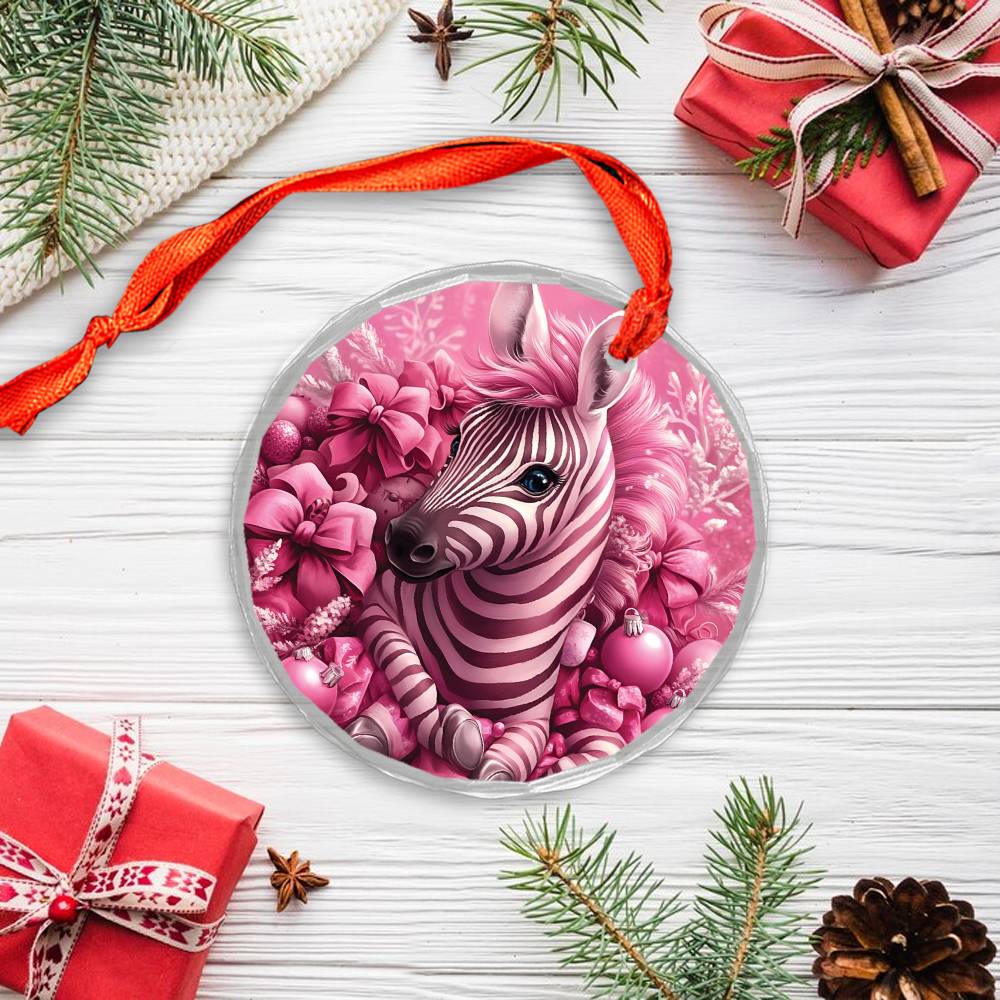 Zebra Pink Christmas Design 2 Glass Ornament