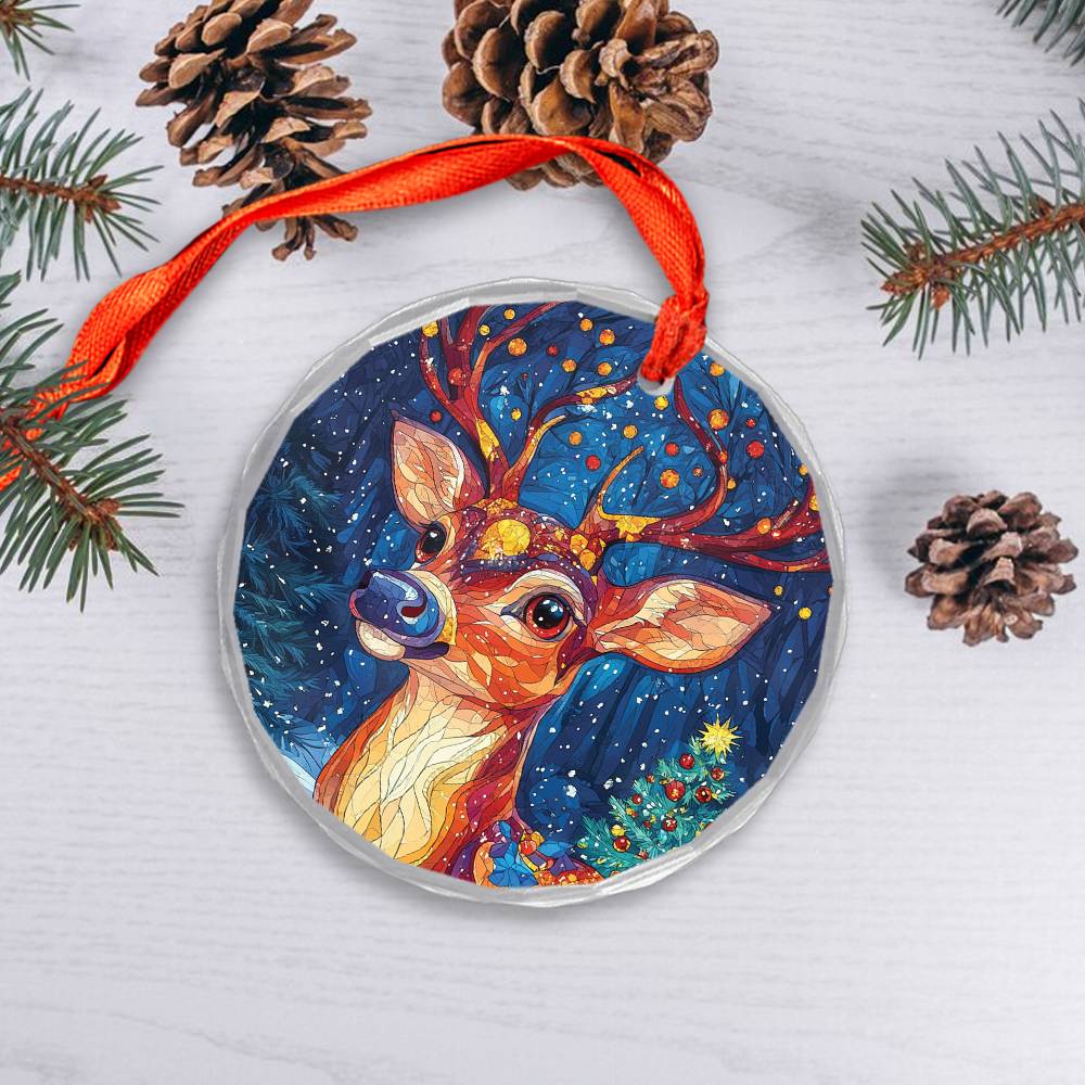 Beautiful Angus Deer Christmas Night Design 4 Glass Ornament
