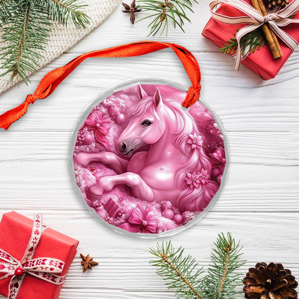 Horse Pink Christmas Design 1 Glass Ornament
