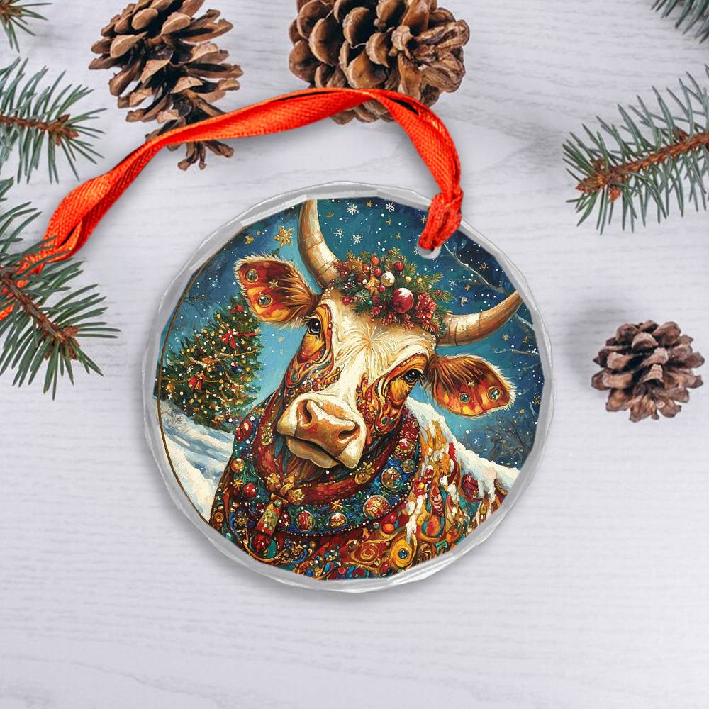 Beautiful Longhorn Cow Christmas Night Design 1 Glass Ornament