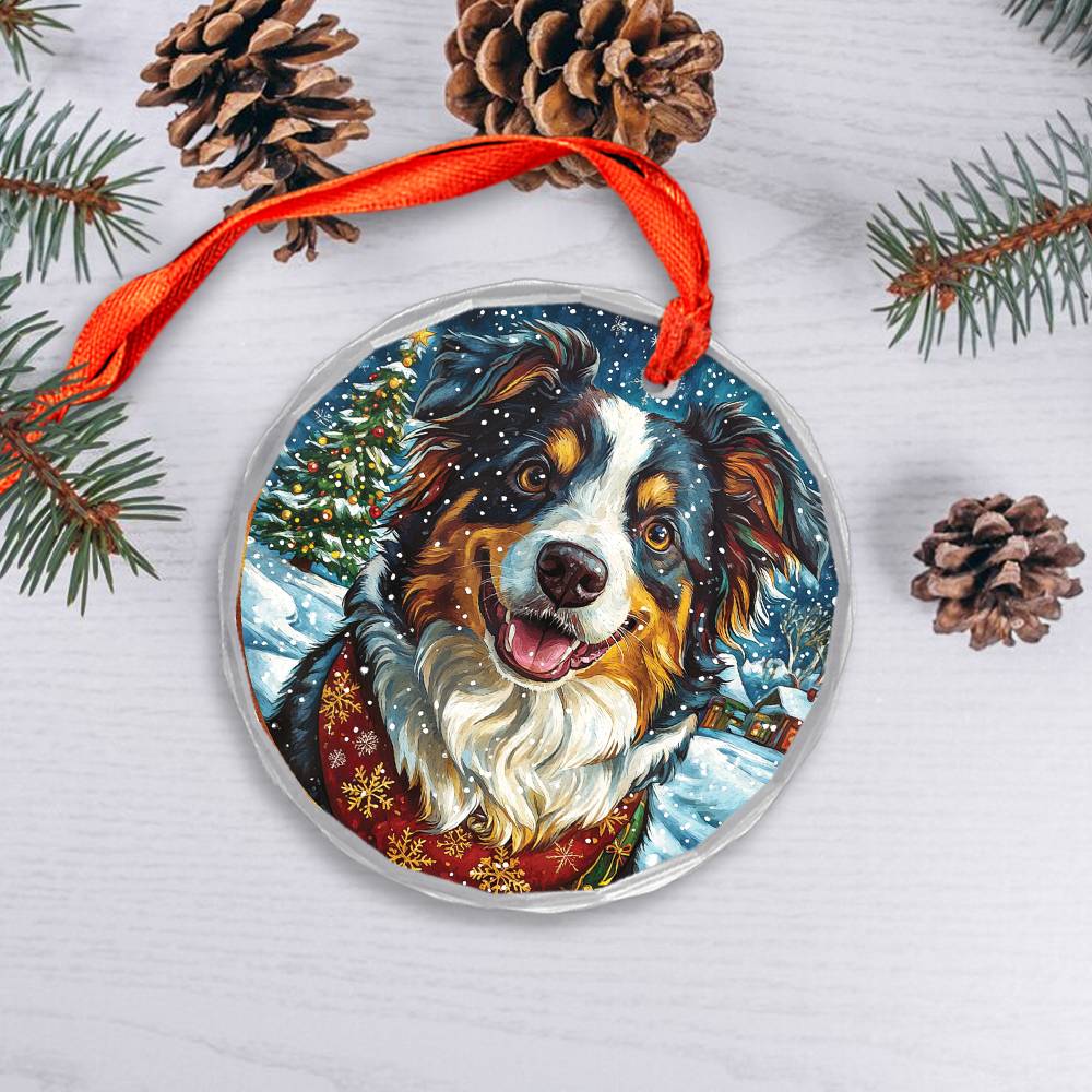 Beautiful Border Collie Dog Christmas Night Design 1 Glass Ornament