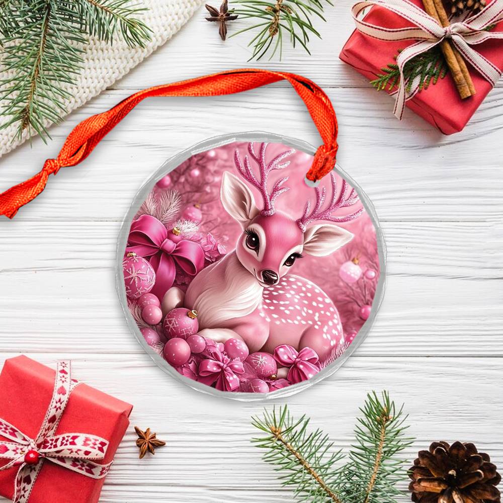 Deer Pink Christmas Design 2 Glass Ornament