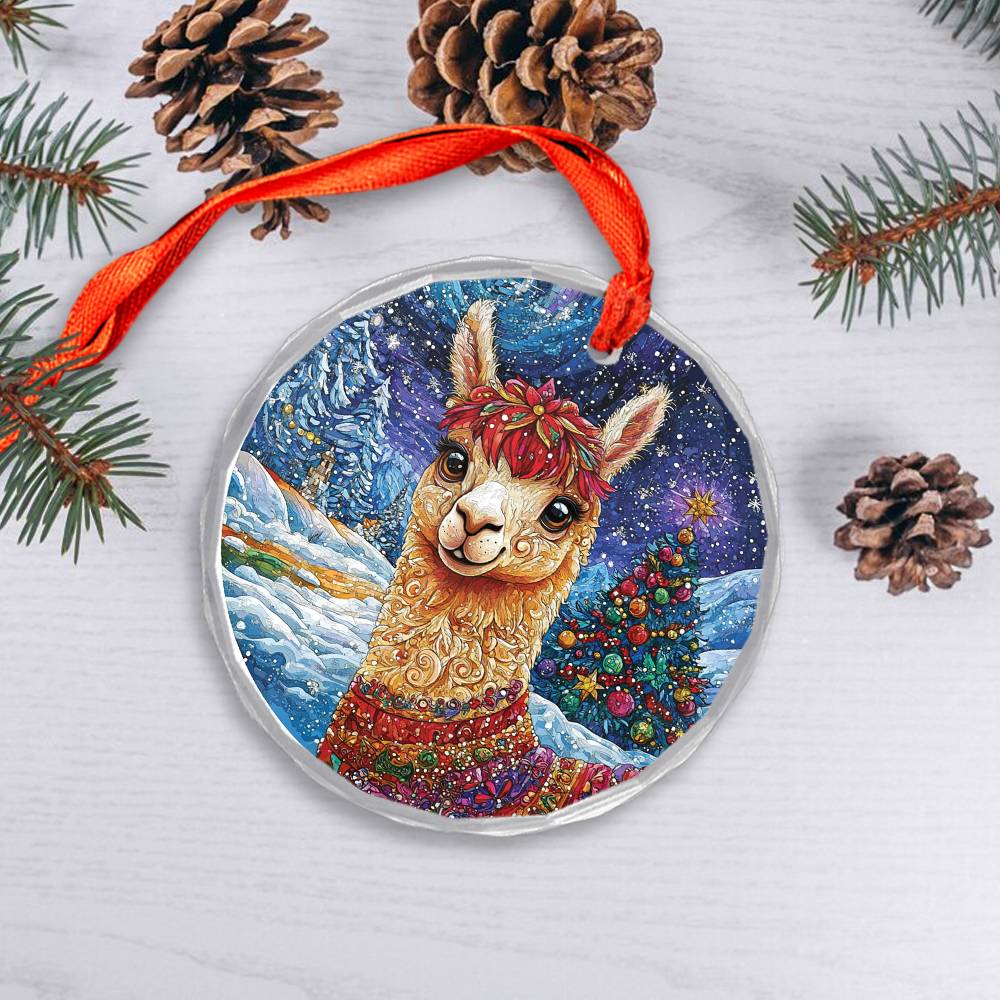 Beautiful Angus Alpaca Christmas Night Design 1 Glass Ornament