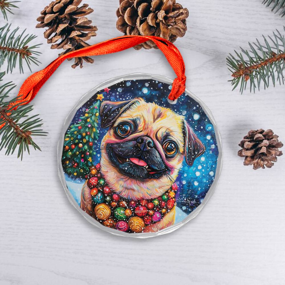 Beautiful Pug Dog Christmas Night Design 3 Glass Ornament