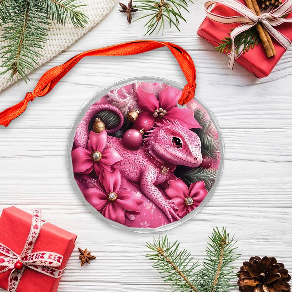 Lizard Pink Christmas Design 1 Glass Ornament