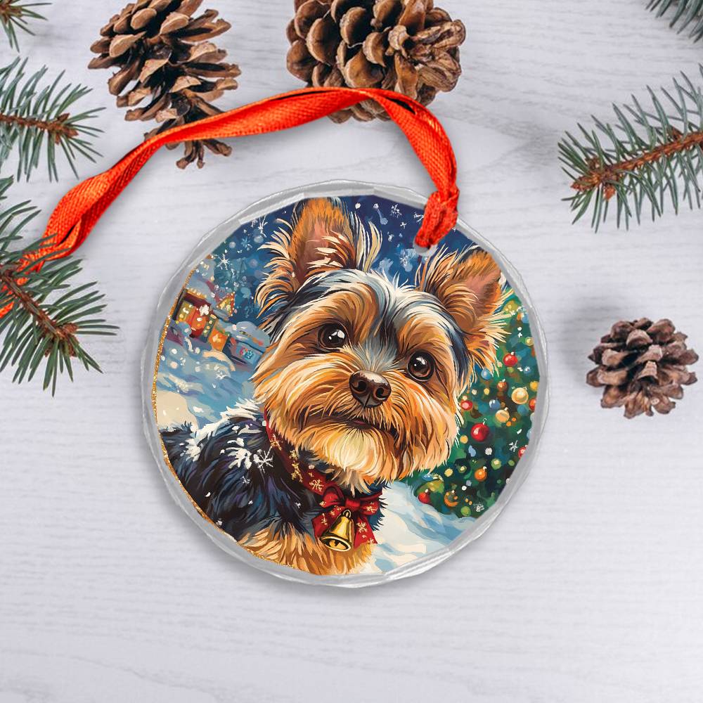 Beautiful Angus Yorkshire Terrier Dog Christmas Night Design 3 Glass Ornament