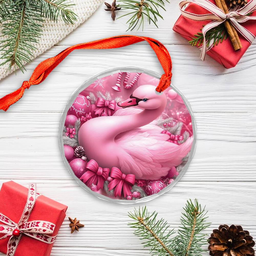 Swan Pink Christmas Design 3 Glass Ornament