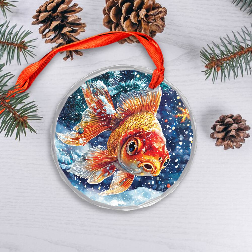 Beautiful Angus Goldfish Christmas Night Design 3 Glass Ornament
