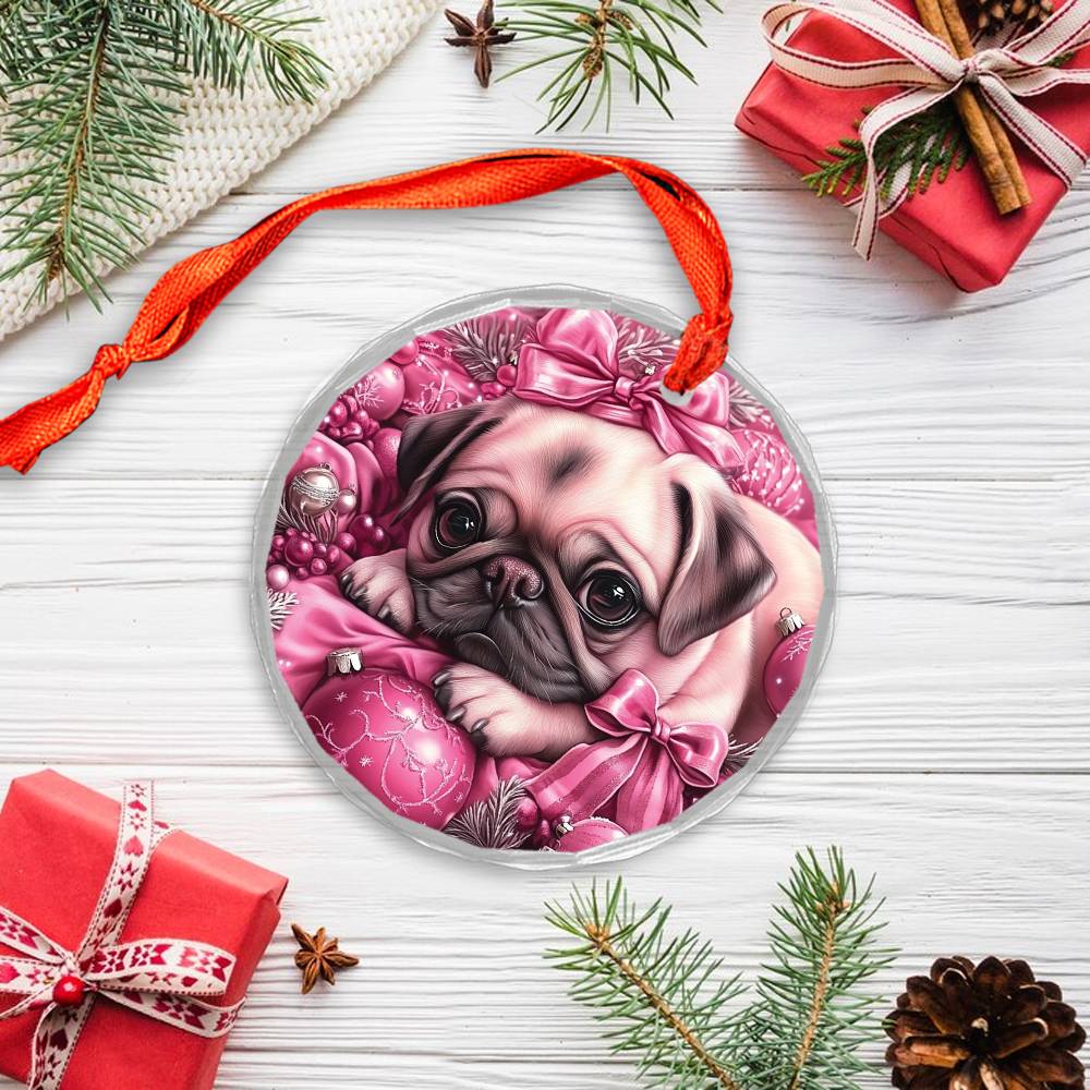 Pug Dog Pink Christmas Design 2 Glass Ornament