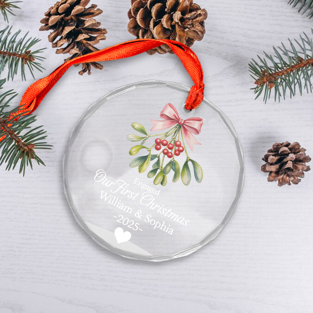 Mistletoe Our First Christmas Engaged - Personalized Circle Glass Ornament