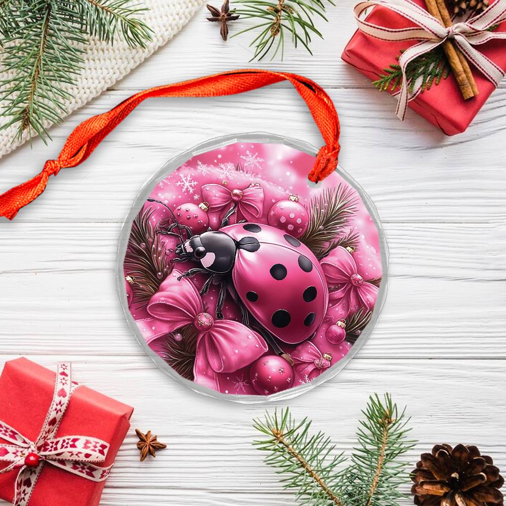 Ladybug Pink Christmas Design 4 Glass Ornament