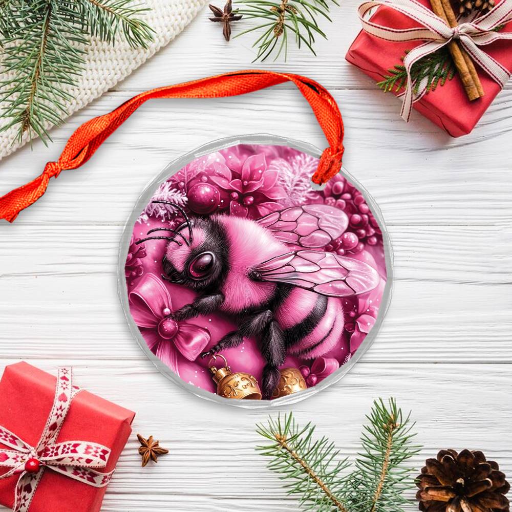 Bee Pink Christmas Design 1 Glass Ornament