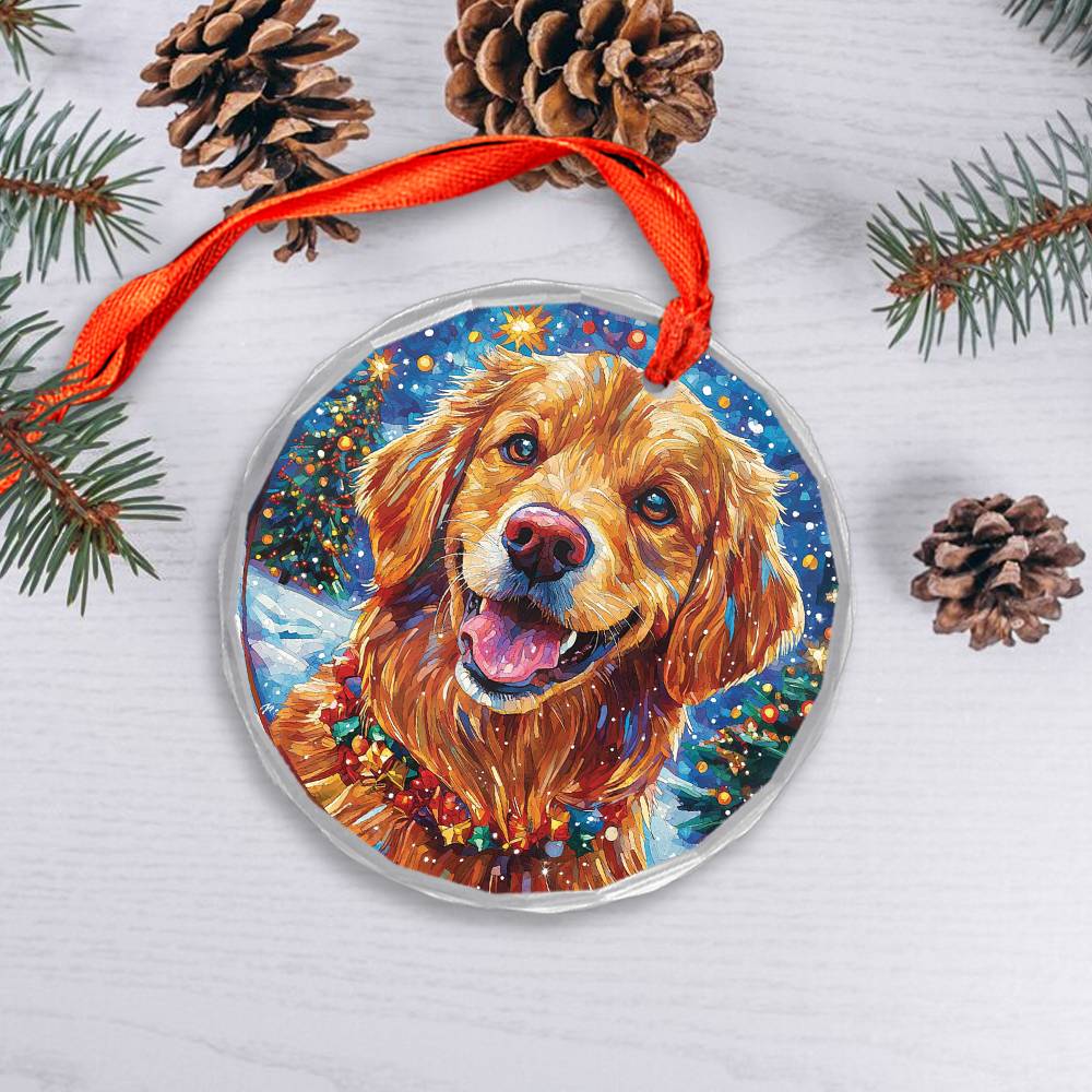 Beautiful Golden Retriever Dog Christmas Night Design 3 Glass Ornament