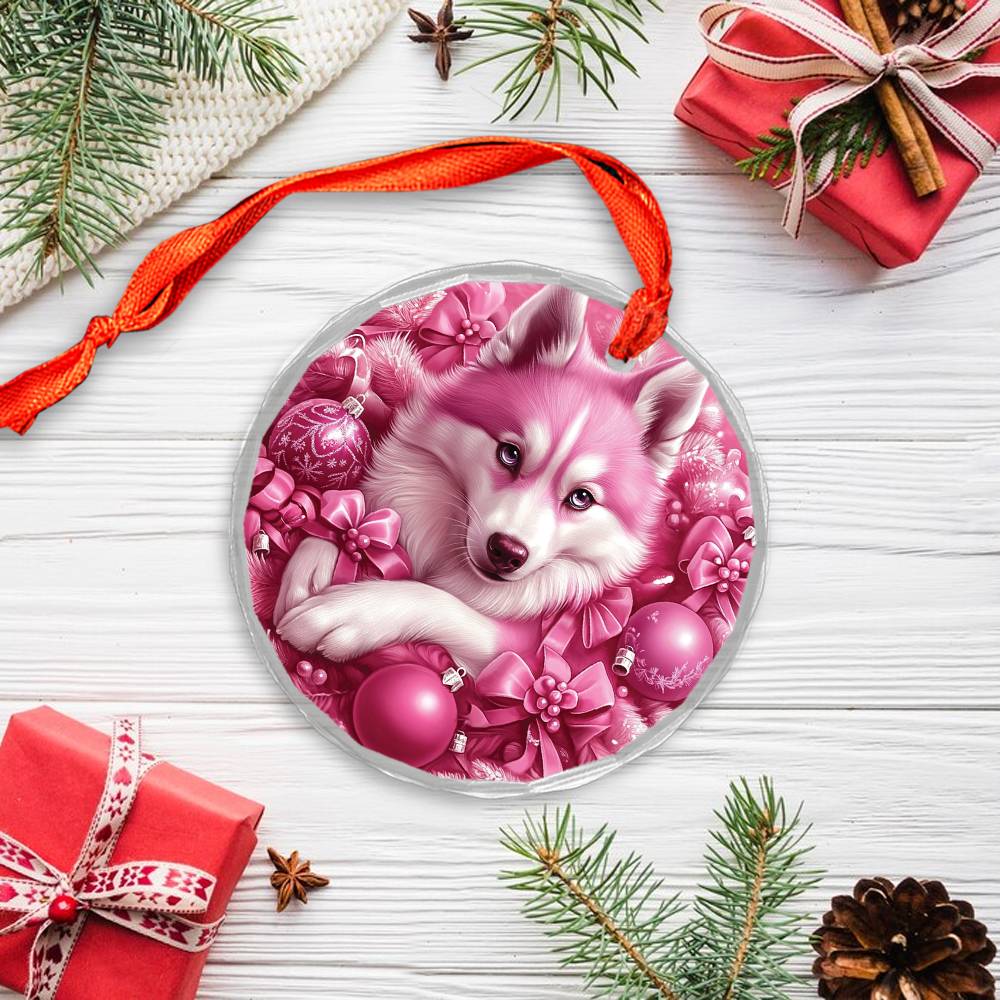 Siberian Huskie Dog Pink Christmas Design 2 Glass Ornament