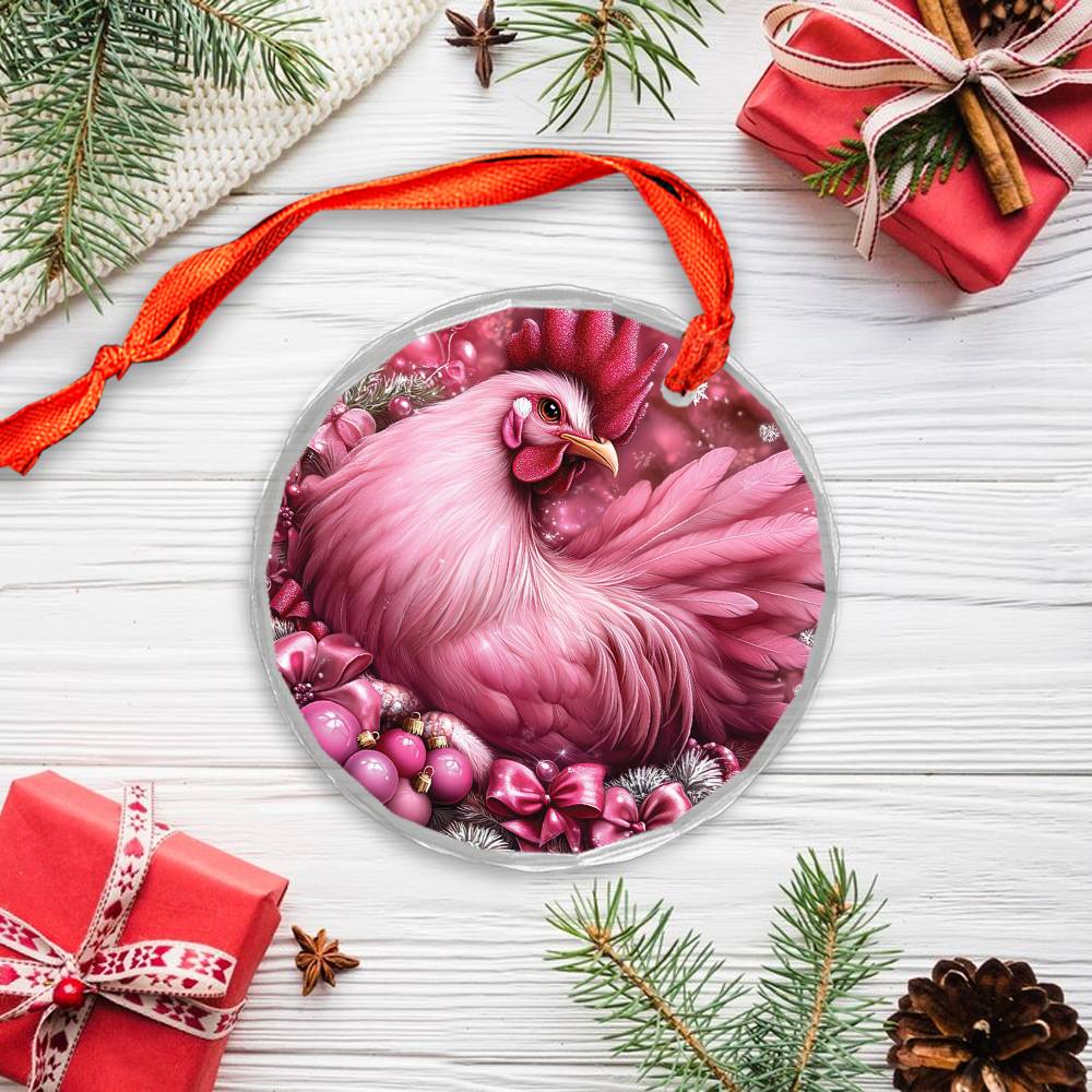 Rooster Pink Christmas Design 3 Glass Ornament